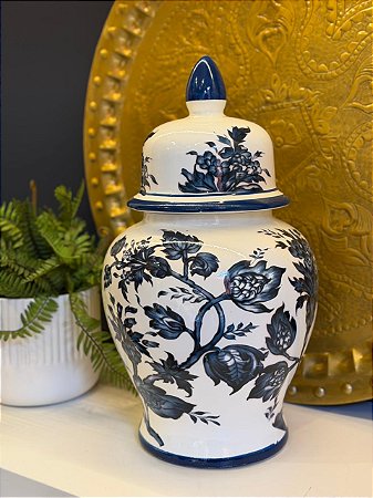 Potiche - Cerâmica - Azul e Branco - Flores - 45CM