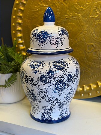 Potiche - Cerâmica - Azul e Branco - Flores - 45CM