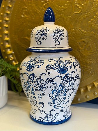 Potiche - Cerâmica - Azul e Branco - Flores - 45CM