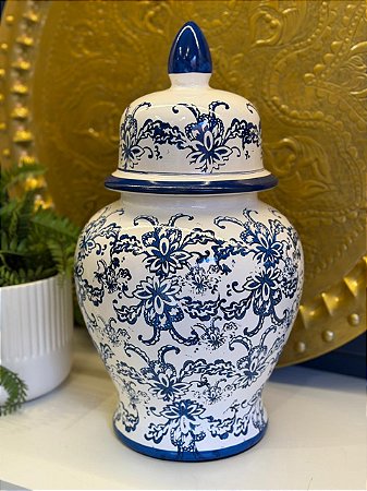 Potiche - Cerâmica - Azul e Branco - Flores - 45CM