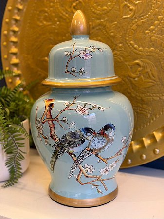 Potiche - Cerâmica - Azul Claro - Flores - 45CM