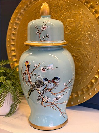 Potiche - Cerâmica - Azul Claro - Flores - 59CM