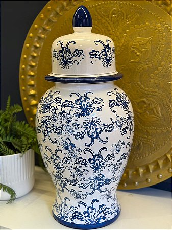 Potiche - Cerâmica - Azul e Branco - Flores - 59CM