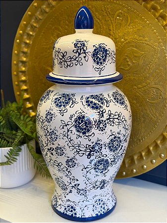 Potiche - Cerâmica - Azul e Branco - Flores - 59CM
