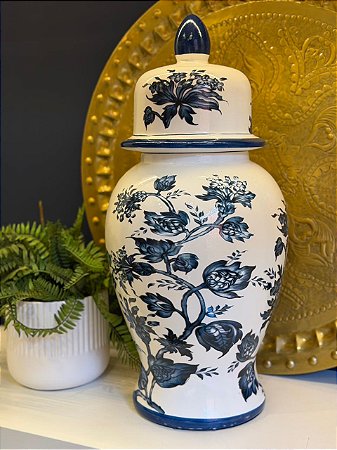 Potiche - Cerâmica - Azul e Branco - Flores - 59CM