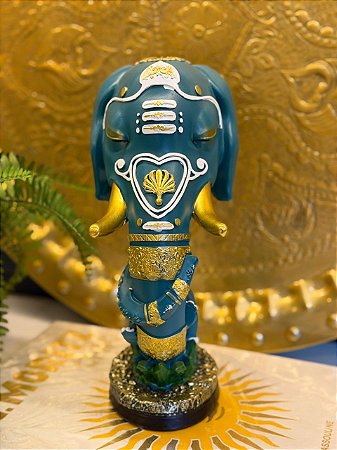 Escultura Elefante - Decorativo - Resina - Azul e Dourado - 30CM