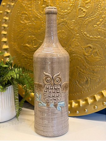 Vaso Garrafa - Ceramica - Bege - Coruja - 46CM