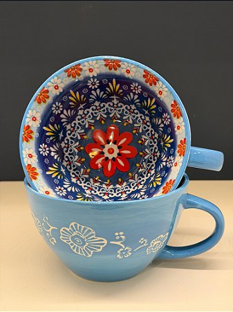 Bowl com Alça - Cerâmica - Azul Claro e Colorido