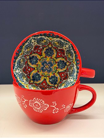 Bowl com Alça - Cerâmica - Vermelho e Colorido