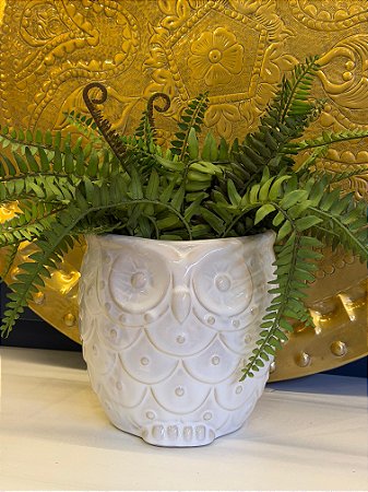 Cachepot em Cerâmica - Coruja - Branco - 14x17