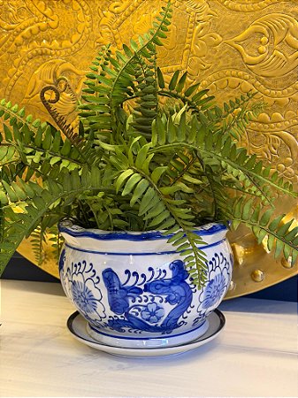 Cachepot em Cerâmica - Azul e Branco - 15CM