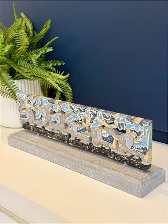 Escultura Madeira - Elefante - Azul e Amarelo