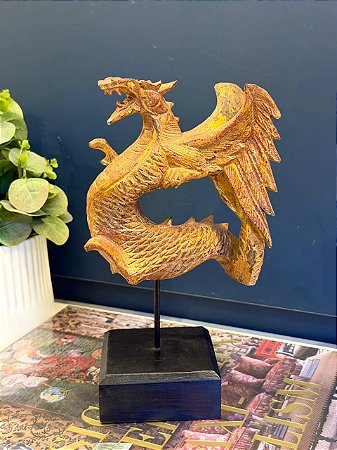 Escultura - Dragão Decorativo - Madeira Esculpido - 25CM