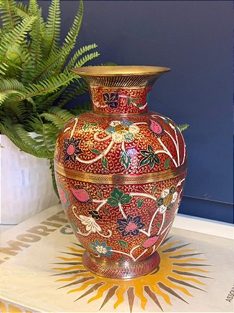 Vaso - Decorativo - Latão - Vermelho e Colorido - 23CM