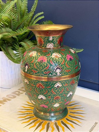 Vaso - Decorativo - Latão - Verde e Colorido - 23CM