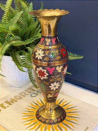 Vaso - Decorativo - Latão - Roxo e Colorido - 31CM