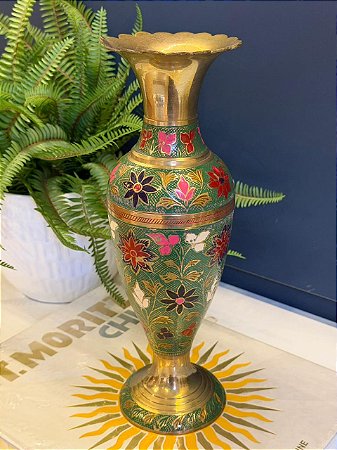 Vaso - Decorativo - Latão - Verde e Colorido - 31CM