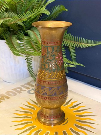 Vaso - Decorativo - Latão - Dourado e Colorido - 21CM