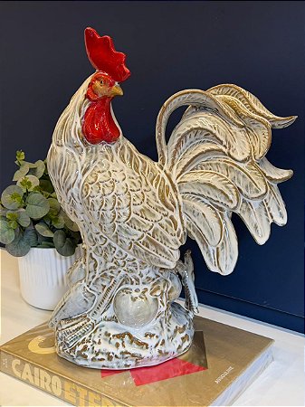 Galo Decorativo - Cerâmica - Branco - 45CM