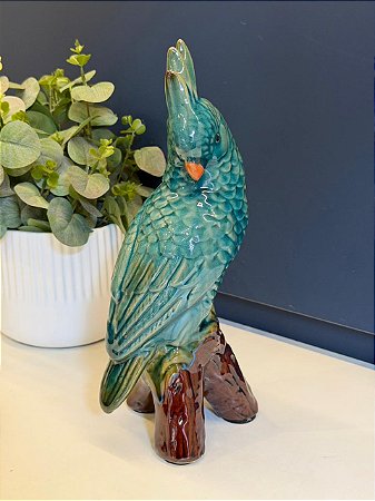 Escultura Cacatua - Decorativa - Cerâmica - Turquesa e Marrom