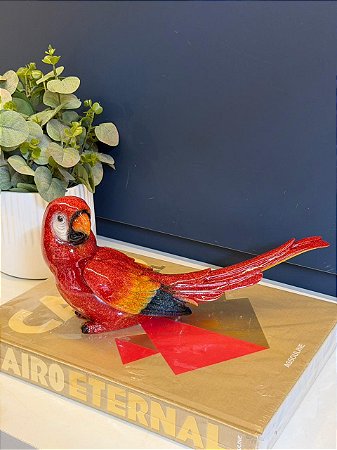 Escultura Arara - Decorativa - Cerâmica - Vermelho e Colorido