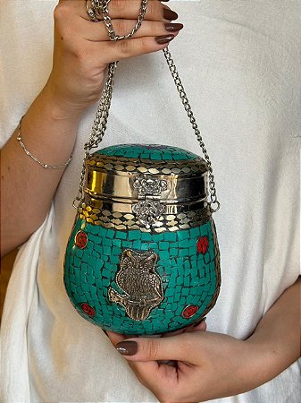 Bolsa Clutch em Metal - Verde - Coruja e Olho Grego - Com Alça