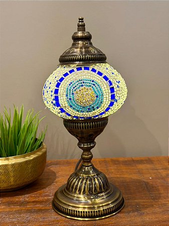 Luminária Turca Mosaico M Branca e Azul