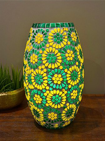Luminária Turca em Mosaico - Vidro - Verde e Amarelo - 28cm