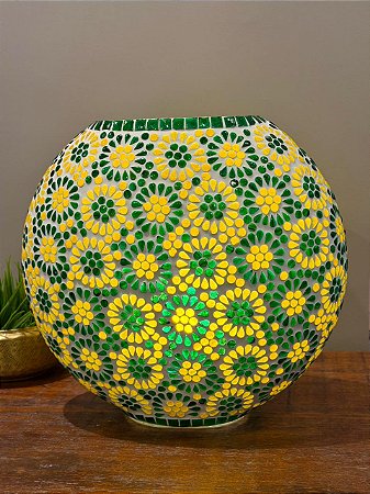 Luminária Turca em Mosaico - Vidro - Verde e amarelo - 30cm