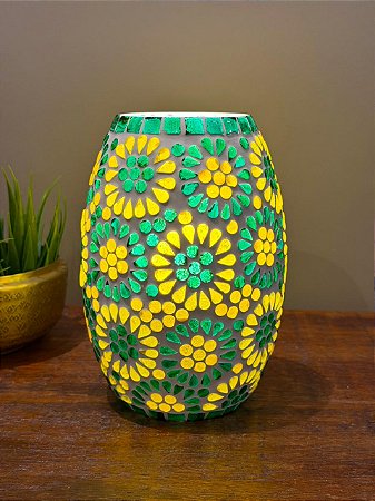 Luminária Turca em Mosaico - Vidro - Verde e amarelo - 19cm