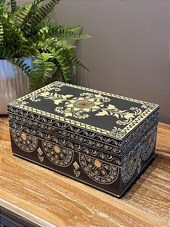 Caixa Decorativa - Porta Joias - Madeira - Pintado à Mão - Preto e Branco - 25X16CM