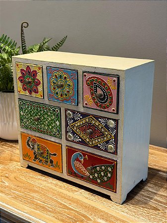 Gaveteiro Decorativo - Porta Joias - Madeira - Pintado á mão - Colorido - 29X13CM