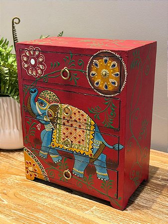 Gaveteiro Decorativo - Porta Joias - Madeira - Pintado á mão - Vermelho e Colorido - 24X14CM