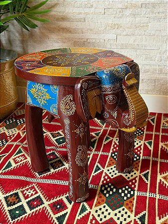 Banqueta - Elefante - Madeira - 44cm - Pintado à Mão - Vinho e Colorido