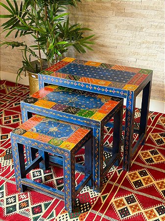 Conjunto de Mesas - Madeira - Pintado à Mão - Azul e Colorido