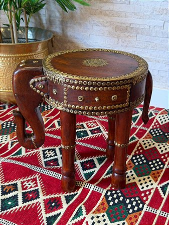 Mesa Madeira - Elefante - Aplique em Metal - Marrom e Dourado