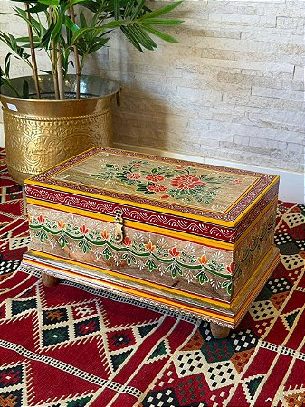Baú - Indiano - Madeira - Pintado à mão - Colorido