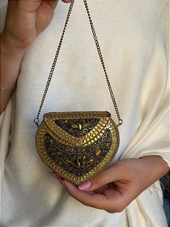 Mini Bolsa Clutch em Metal - Marrom e Dourado - Com Alça