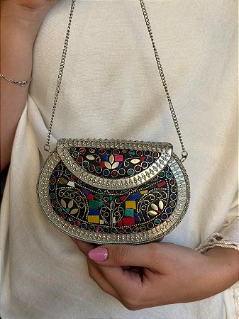 Mini Bolsa Clutch em Metal - Colorido e Prata - Com Alça