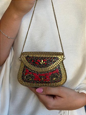 Mini Bolsa Clutch em Metal - Vermelho e Dourado - Com Alça