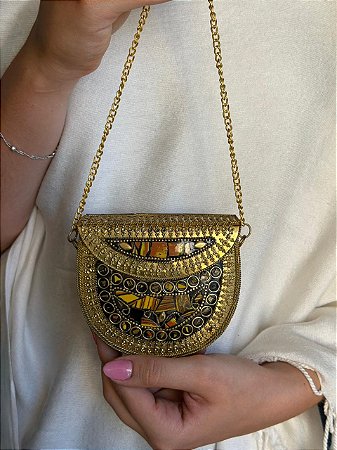 Mini Bolsa Clutch em Metal - Marrom e Dourado - Com Alça
