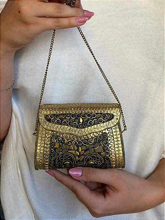 Mini Bolsa Clutch em Metal - Marrom e Dourado - Com Alça