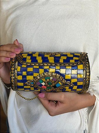 Bolsa Clutch em Metal - Amarelo, Azul e Dourado - Com Alça