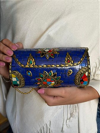 Bolsa Clutch em Metal - Azul, Colorido e Dourado - Com Alça
