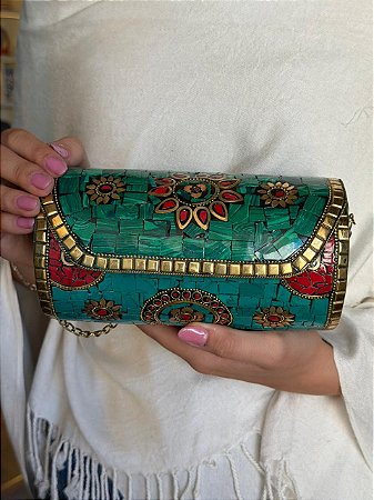Bolsa Clutch em Metal - Turquesa, Verde e Dourado - Com Alça