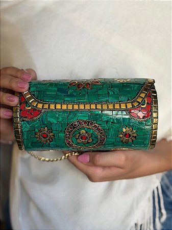 Bolsa Clutch em Metal - Verde, Vermelho e Dourado - Com Alça