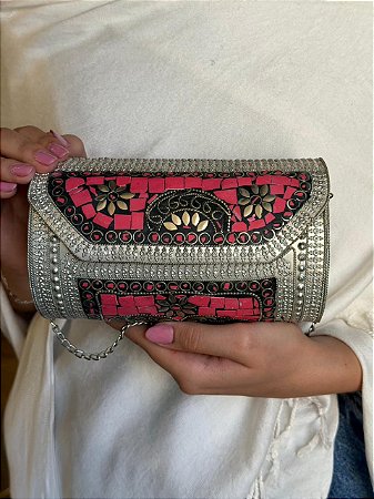 Bolsa Clutch em Metal - Rosa e Prata - Com Alça