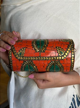 Bolsa Clutch em Metal - Laranja, Verde e Dourado - Com Alça