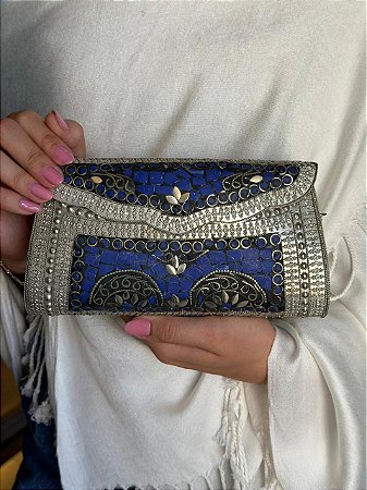 Bolsa Clutch em Metal - Roxo e Prata - Com Alça