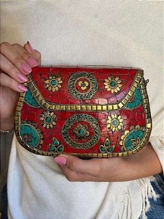 Bolsa Clutch em Metal - Vermelho, Turquesa e Dourado - Com Alça